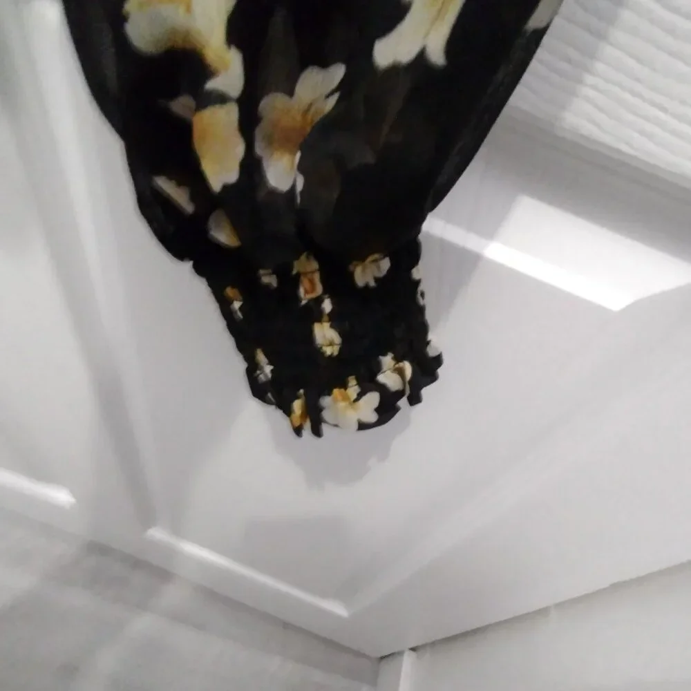 O.P.T. Floral Ruffle Neck Blouse Large Black Sheer Long Sleeve Romantic Top - Picture 8 of 15